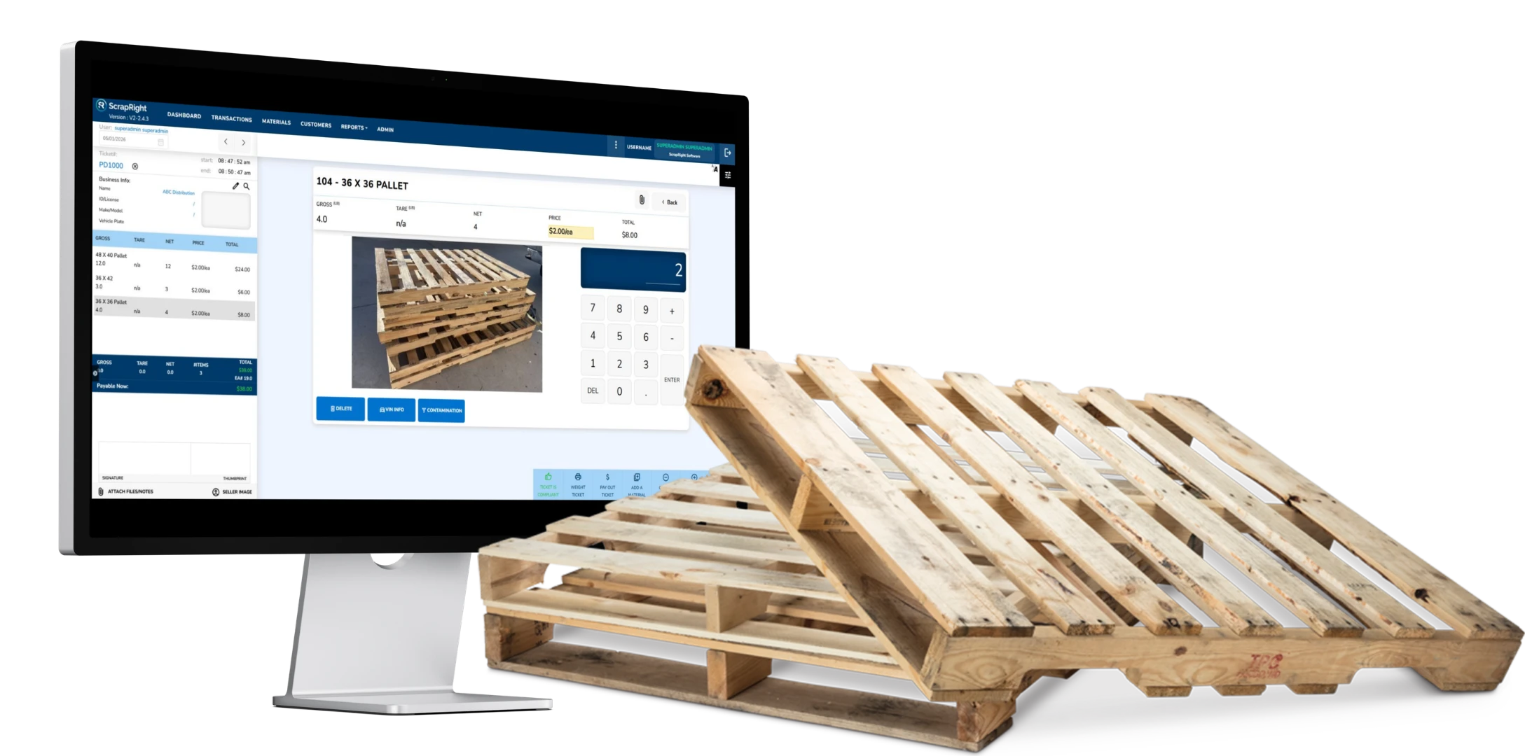 PalletRight pallet recycling software dashboard on desktop monitor