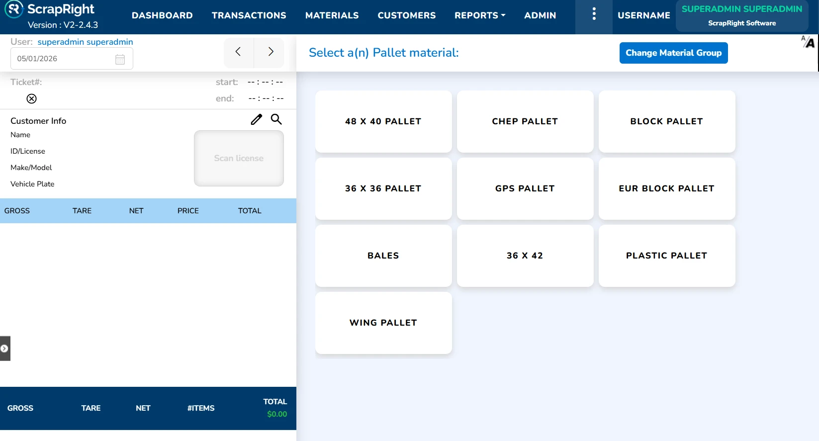 PalletRight pallet buying software — purchase ticket showing GMA, heat-treated, and block pallet grades with automatic cost calculation