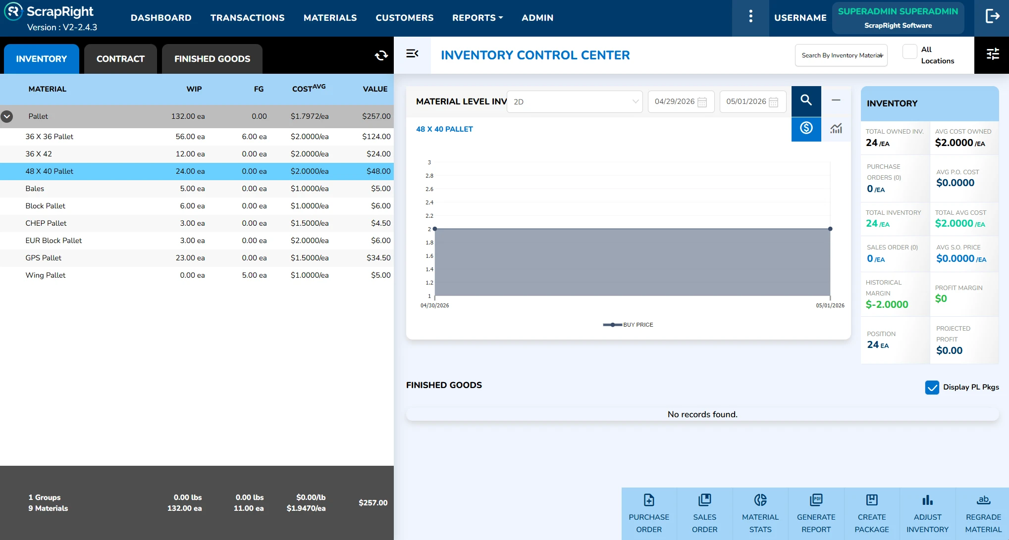 PalletRight pallet inventory software — real-time stock levels for recycled pallets, new pallets, lumber, and supplies