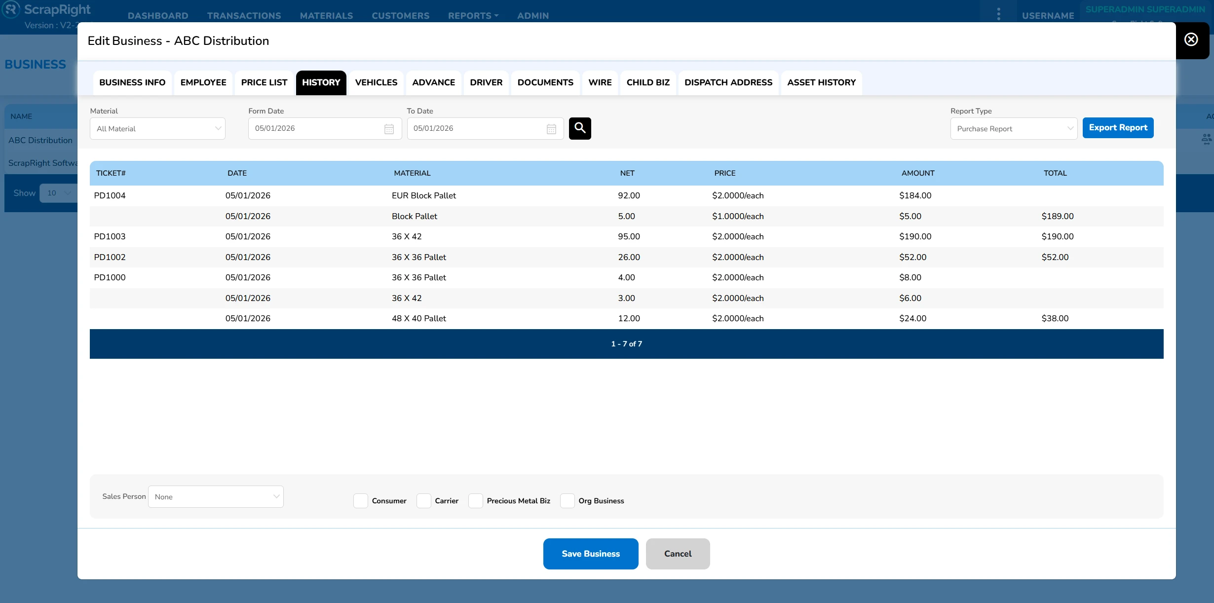 PalletRight pallet yard software — supplier profile with full transaction history, pallet grades purchased, and historical pricing