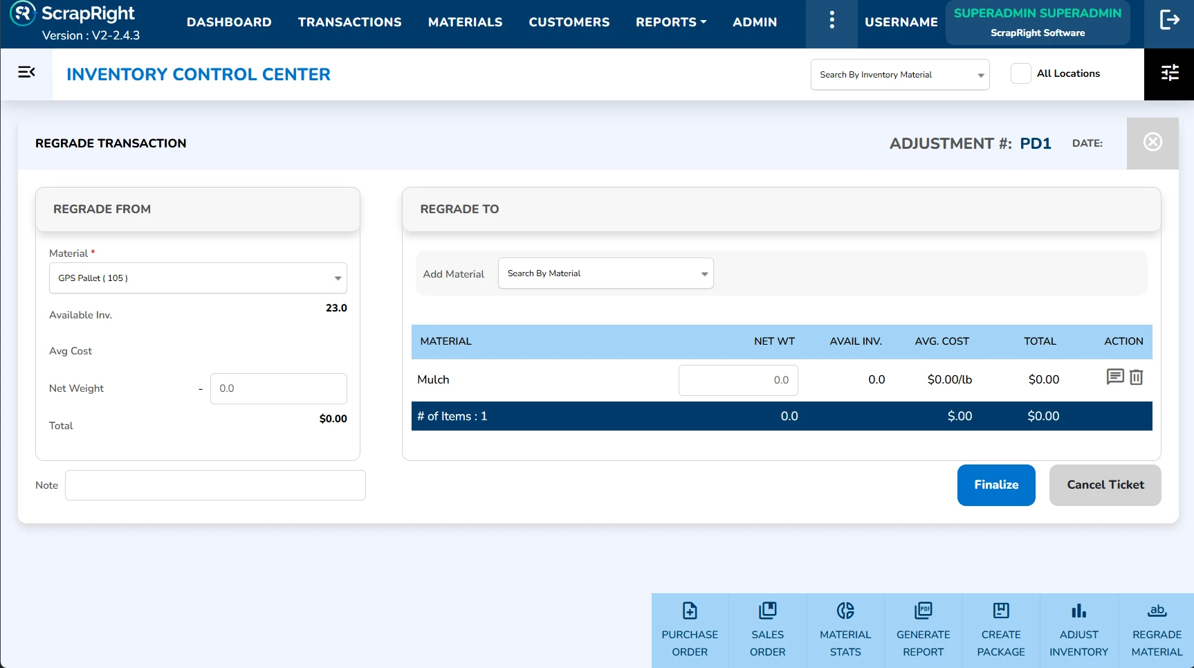 PalletRight pallet recycling software — analytics report showing purchasing patterns, cost trends by grade, and supplier performance